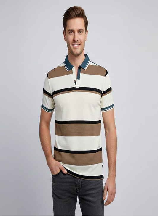 Men’s Breathable Light Brown & Black Stripe Polo T-Shirt – Airflow Comfort Fit
